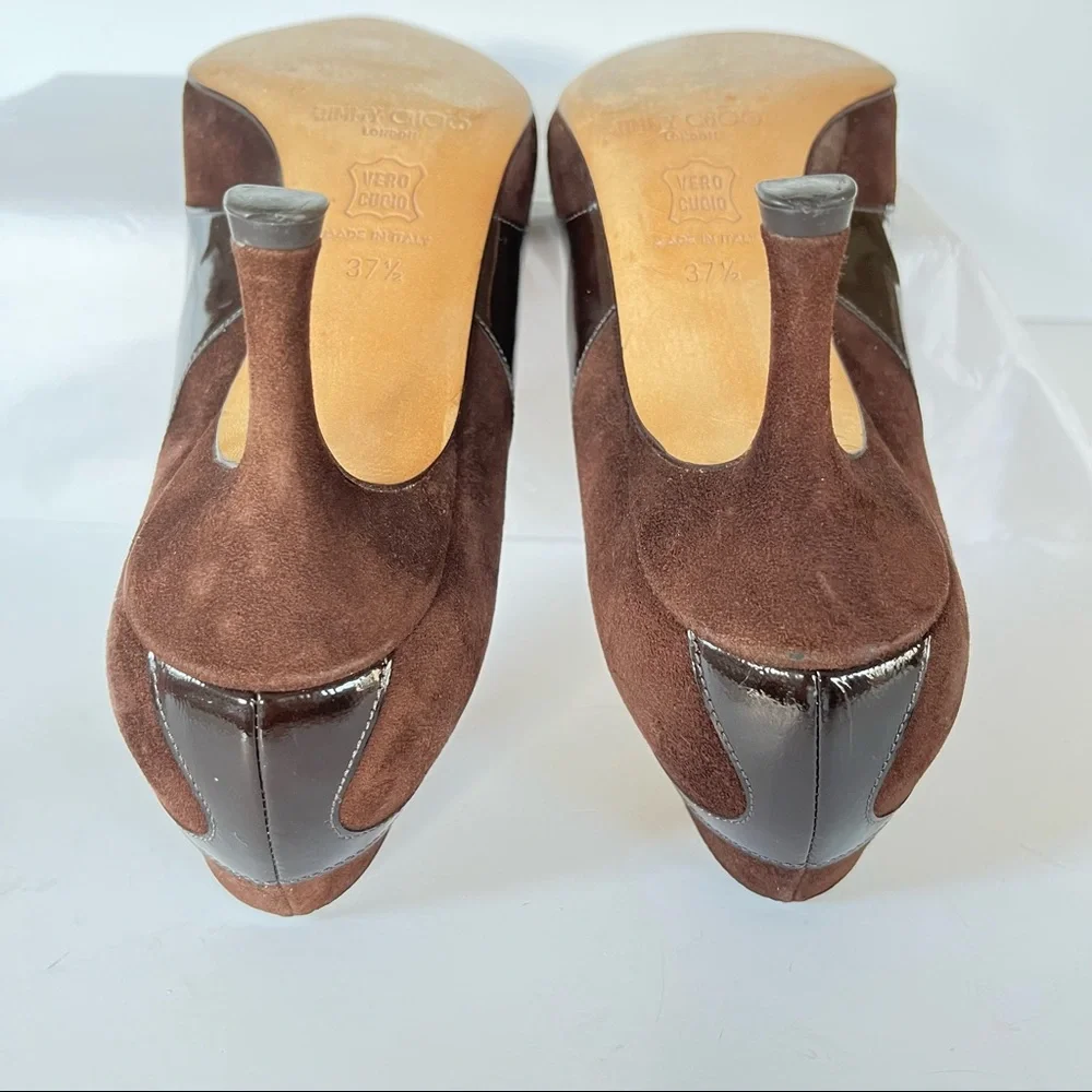 Jimmy Choo brown suede patent leather kitten heels 37.5
